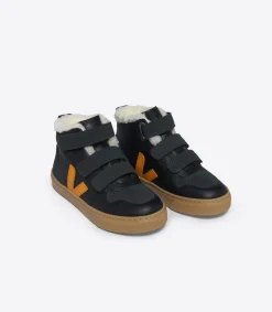 Kids VEJA V-10 MID FURED LEATHER BLACK OURO GRAFITE